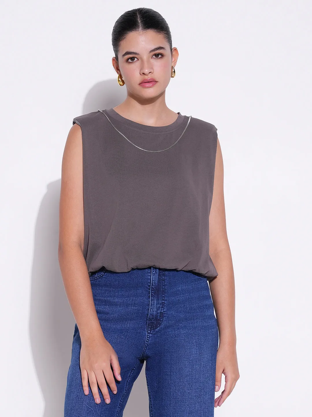 Women Grey Solid Top with Chain